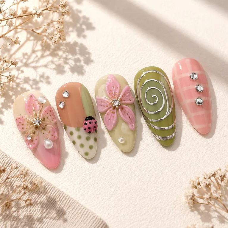 Cute Floral Ladybug Press On Nails Set